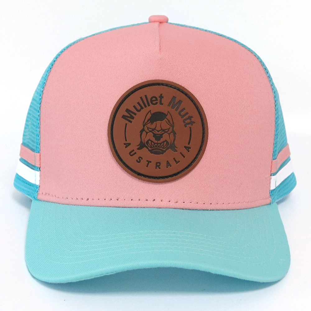 High Profile Custom Leather Patch Logo 5 Panels Trucker Cap