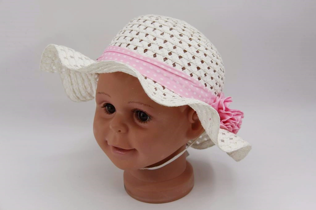 Baby Cute PP Straw Hat with Ribbon Bow Child Sunshade Cap with Wave Brim