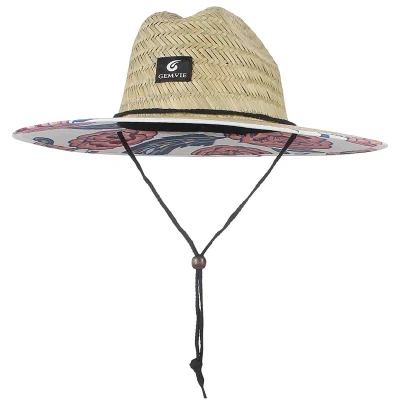 Chapeaux de paille naturels d'été pour femmes et hommes, chapeau de sauveteur en paille à large bord, chapeau de soleil de plage avec impression sous le bord pour le jardinage, la pêche et la randonnée