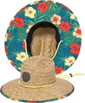 Chapeau de soleil de sauveteur en paille tissé, tissé, Hang Ten, plage, actif en plein air, avec cordon de menton réglable, chapeaux de paille